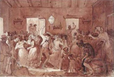 Una de las descripciones que hace el Consejero Lisboa sobre los caraqueños es que estos tenían buen gusto para las fiestas y los bailes. Dibujo de Camille Pissarro, c.1854