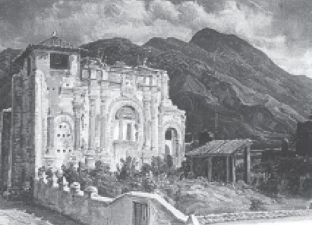 Ruinas de la iglesia de Las Mercedes, tras el terremoto de 1812. Óleo sobre tela, Ferdinand Bellerman. Colección Museo Estadales, Berlín, 1844.