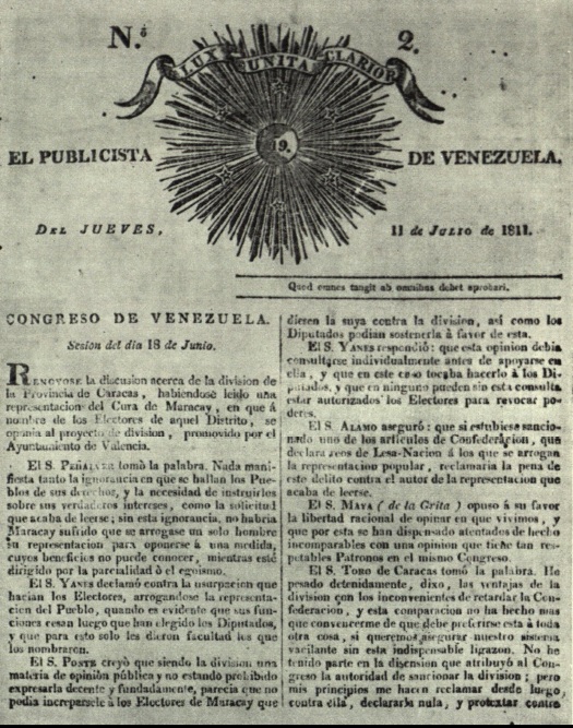 El Publicista de Venezuela, vocero del Congreso Constituyente de 1811 y donde se publicó el Acta de la Independencia.
