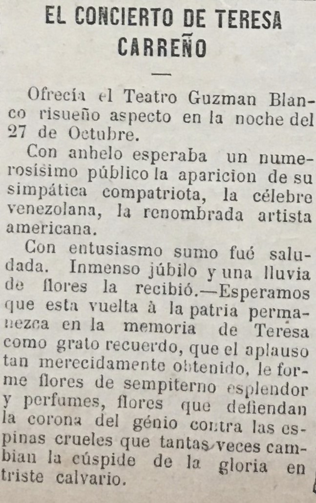 Reseña publicada en el diario caraqueño El Siglo, el 29 de octubre de 1885.