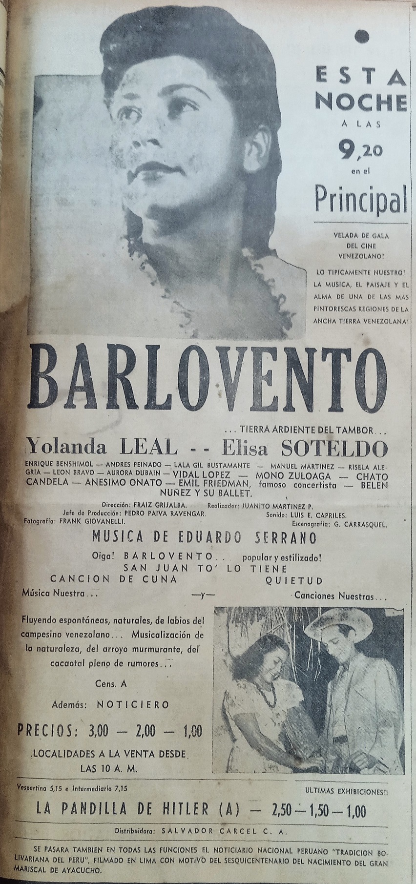 Aviso de prensa anunciando el estreno de la película Barlovento, en el cine Principal, el 18 de abril de 1945.